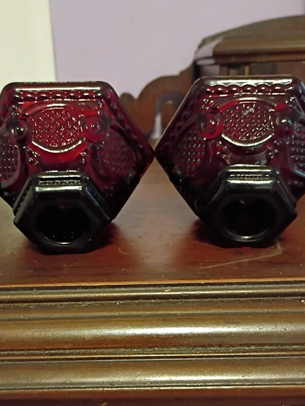 Vintage Avon Cape Cod. Ruby Red Pressed Glass Candlestick Holders - Pair